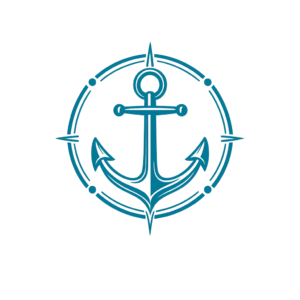 Icono de un ancla azul turquesa con diseño náutico sobre fondo transparente.