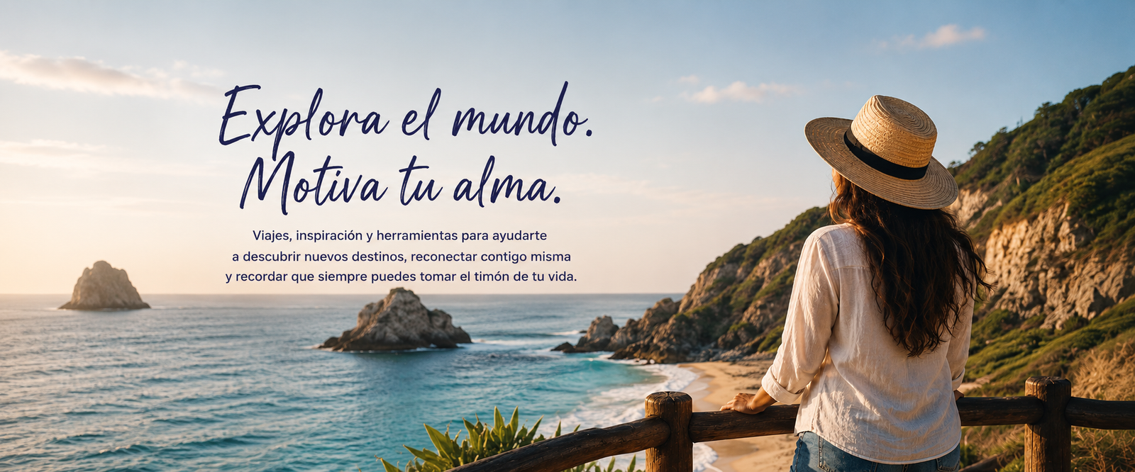 Mujer contemplando el océano desde un mirador con el mensaje "Explora el mundo. Motiva tu alma.", imagen principal de la página de inicio de Mujeres Explorando.