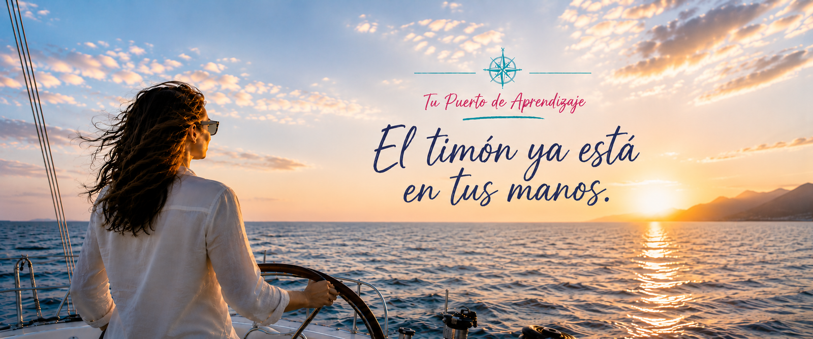 Hero del Puerto de Aprendizaje_Mujer navegando un velero al atardecer con el mensaje "El timón ya está en tus manos", representando el aprendizaje y la transformación personal.