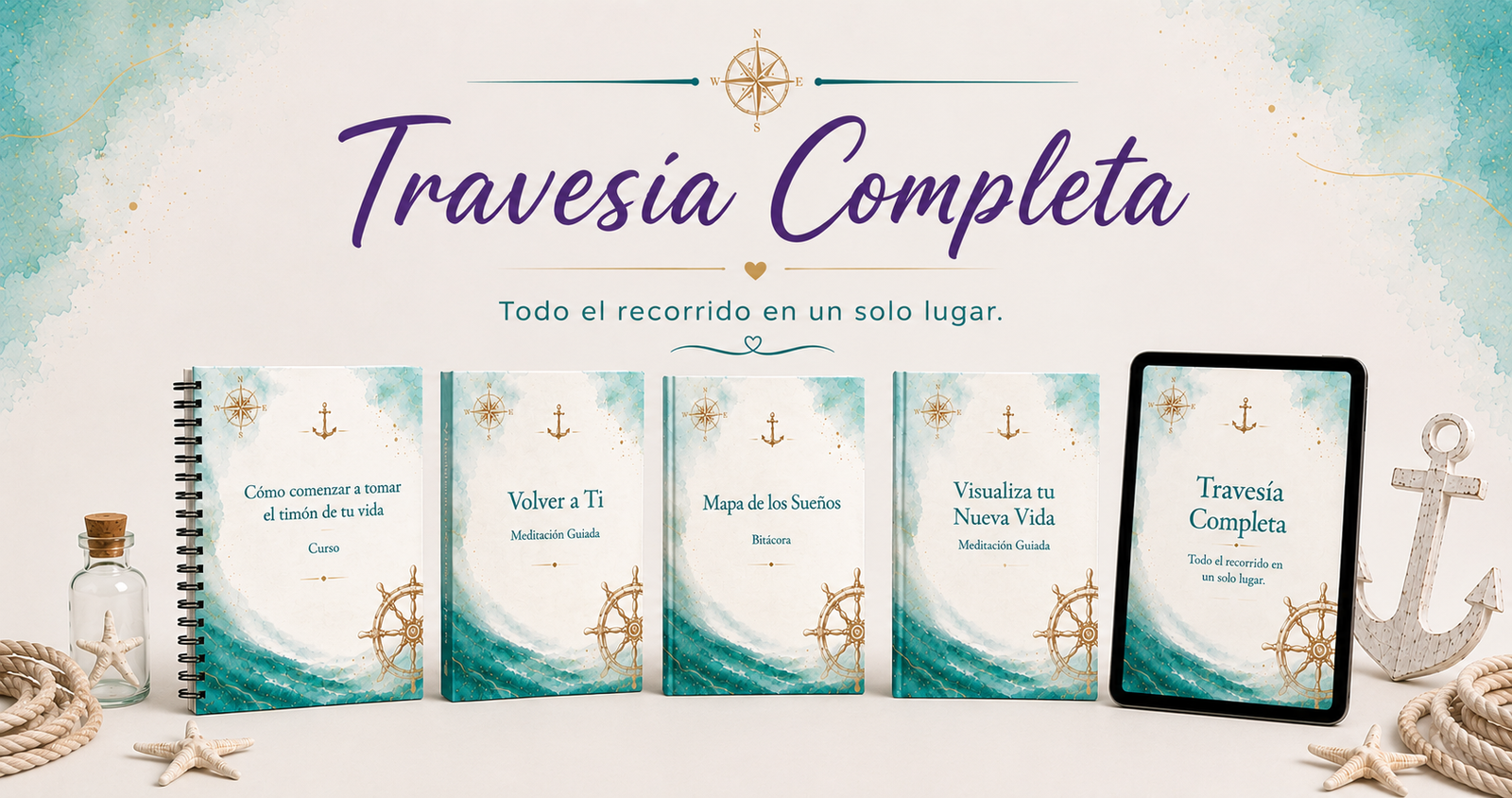 Bundle Travesía Completa de Mujeres Explorando con los cinco recursos digitales: curso, meditación Volver a Ti, bitácora Mapa de los Sueños, Visualiza tu Nueva Vida y el paquete completo en formato digital.