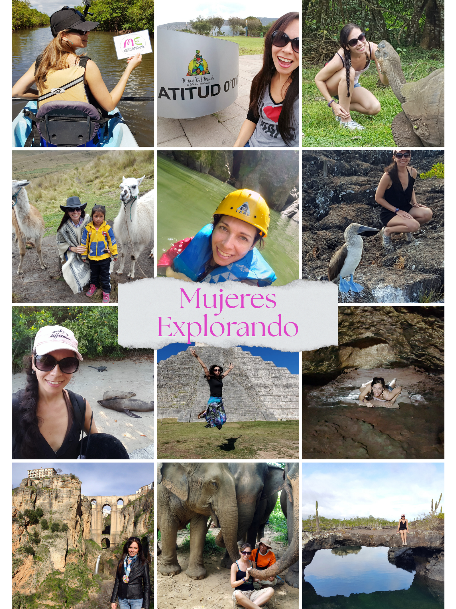 Collage de mujeres explorando diferentes destinos y experiencias de viaje alrededor del mundo.