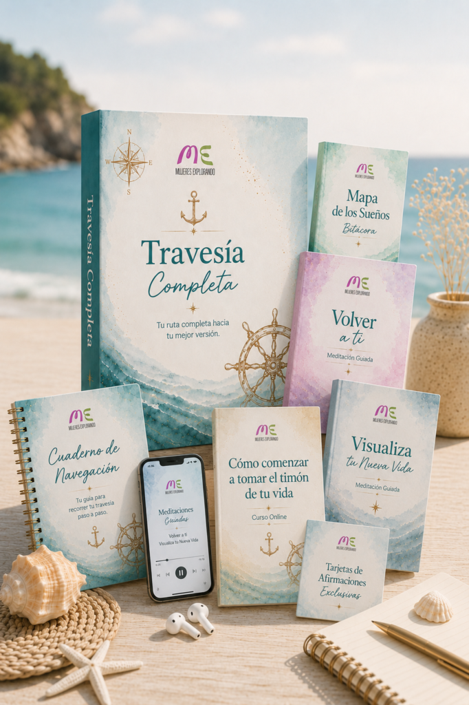 Bundle Travesía Completa de Mujeres Explorando con el curso, meditaciones guiadas, bitácoras y recursos digitales exclusivos para el crecimiento personal.