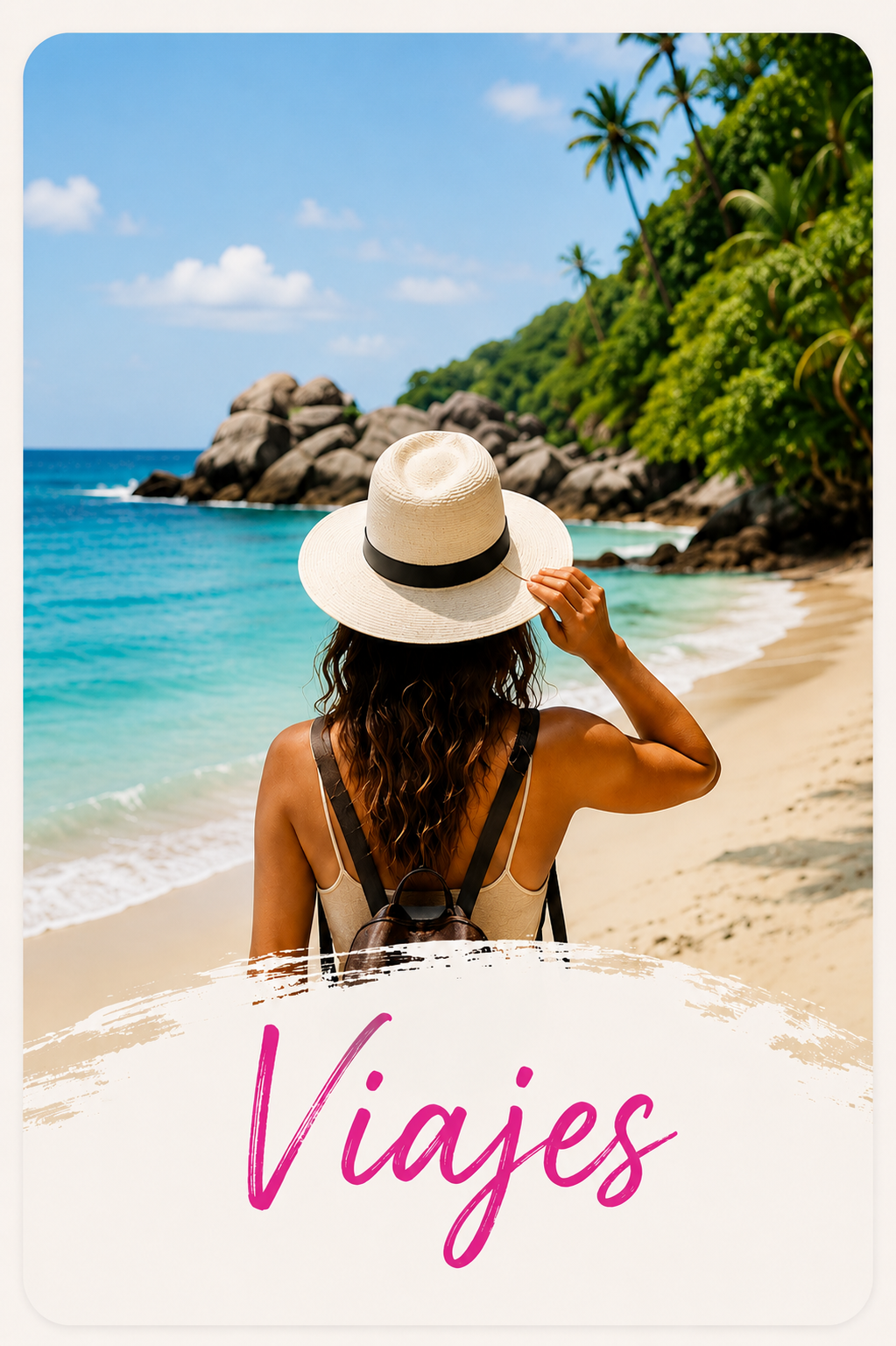 Mujer contemplando una playa tropical como inspiración para explorar nuevos destinos con Mujeres Explorando.